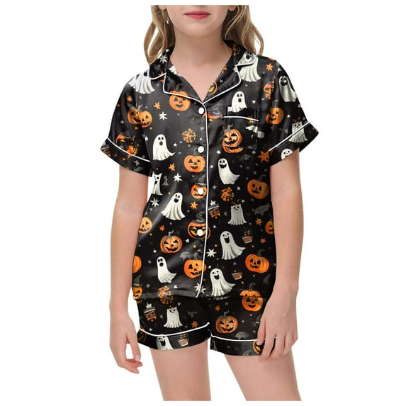XZNPDUCQ Girls Pajamas 2 Piece Halloween Pumpkin Print Pajama Set Button Down Short Sleeve Shirt and Shorts Sleepwear Halloween Home Short Sleeve T+Shorts Pajama Set (10-11 Years,Black)