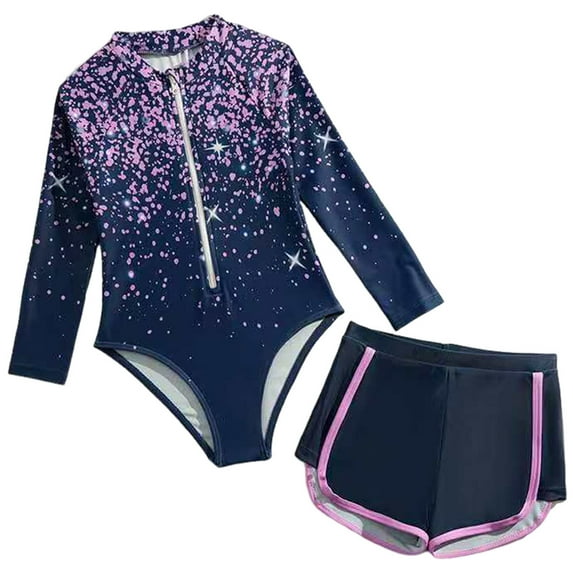 XZNPDUCQ Girls Rash Guard Swimsuit Teens Two Piece Bathing Suit Long Sleeve Swimwear Swimming Suit For Girls 6-7 Years Purple