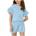thumbnail image 1 of XZNPDUCQ Girls Summer Outfit Short Sleeve T-Shirt Tee Tops Joggers Casual Elastic Shorts 2Pcs Set Print Girls Summer 2Pcs T Shorts Set Dailywear Blue，8-9 Years, 1 of 6