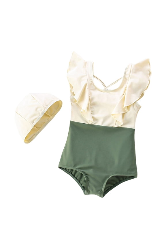 Girls Swimsuit And Swimming Cap Cute Bathing Suit Hawaii Swimwear Swimming Suit For Girls 18-24 Months Beige