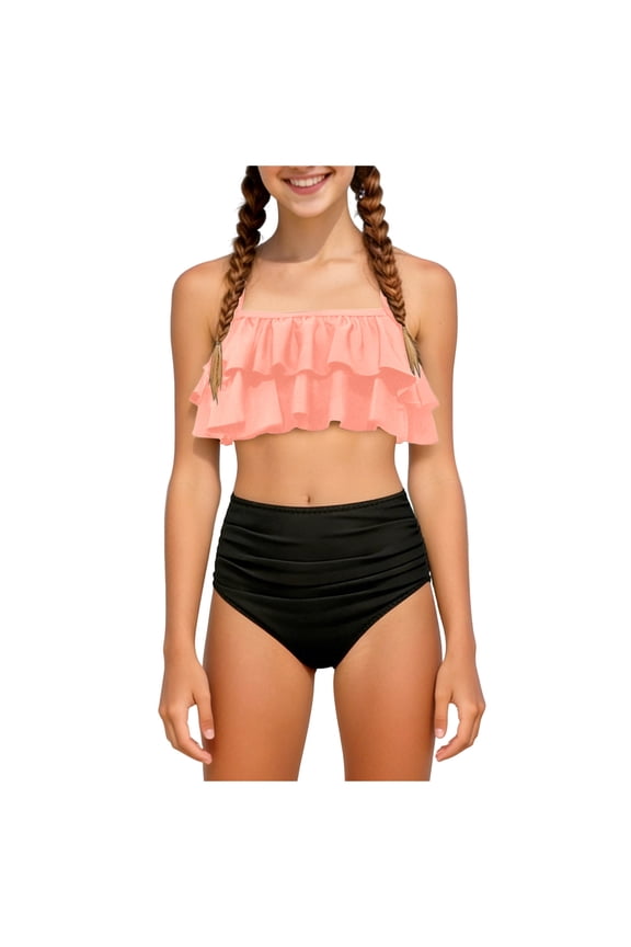 Girls Swimsuit Bikini Sets 2 Piece Color Block Bathing Suits For Teen Girls Swimwear Swimming Suit For Girls 11-12 Years Orange