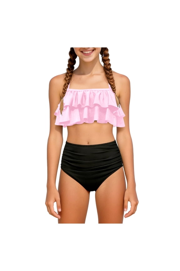 Girls Swimsuit Bikini Sets 2 Piece Color Block Bathing Suits For Teen Girls Swimwear Swimming Suit For Girls 11-12 Years Pink