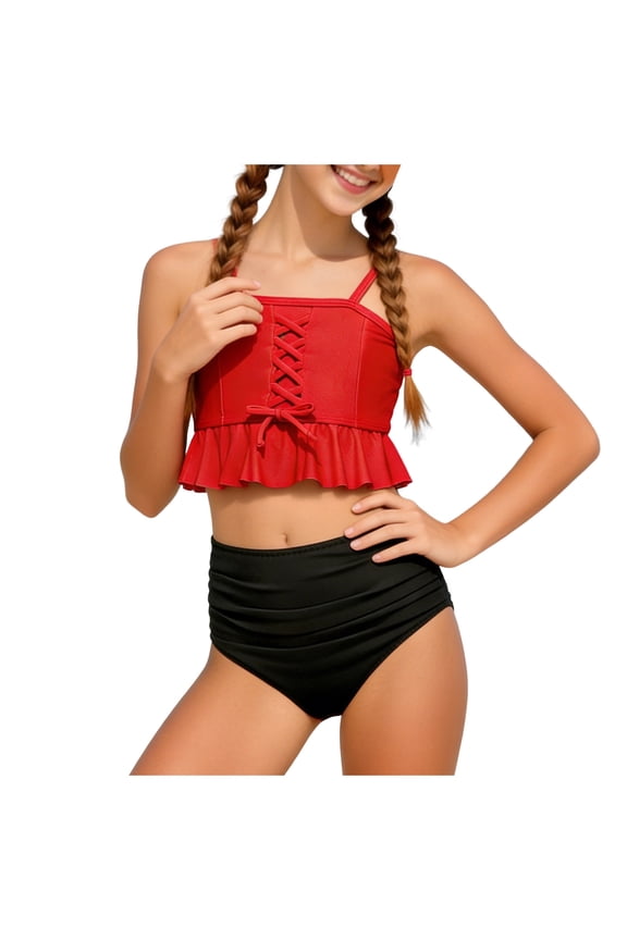 Girls Swimsuit Bikini Sets 2 Piece Color Block Bathing Suits For Teen Girls Swimwear Swimming Suit For Girls 7-8 Years Watermelon Red