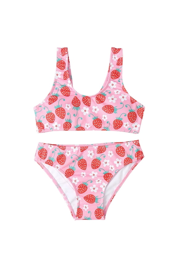 Strawberry Patterned Two Piece Swimsuit For Girls Toddlers And Children Bikini Swimsuit Swimming Suit For Girls 7-8 Years Pink
