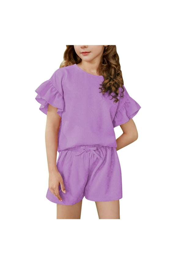 Summer 2Pcs Outfits Set for Girls, Short Sleeve T-Shirt with Cute Flower + Shorts Summer 2Pcs Gift Outfits Set (Gift Idea) Short T-shirt Sets 4-5 Years Purple