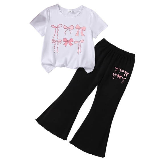 XZNPDUCQ Summer 2Pcs Outfits Set for Toddler Girls with Cute Flower Short Sleeve T-Shirt and Flare Pants, Gift Idea Summer 2Pcs Gift Set Summer Short Set Outfit 3-4 Years,Purple