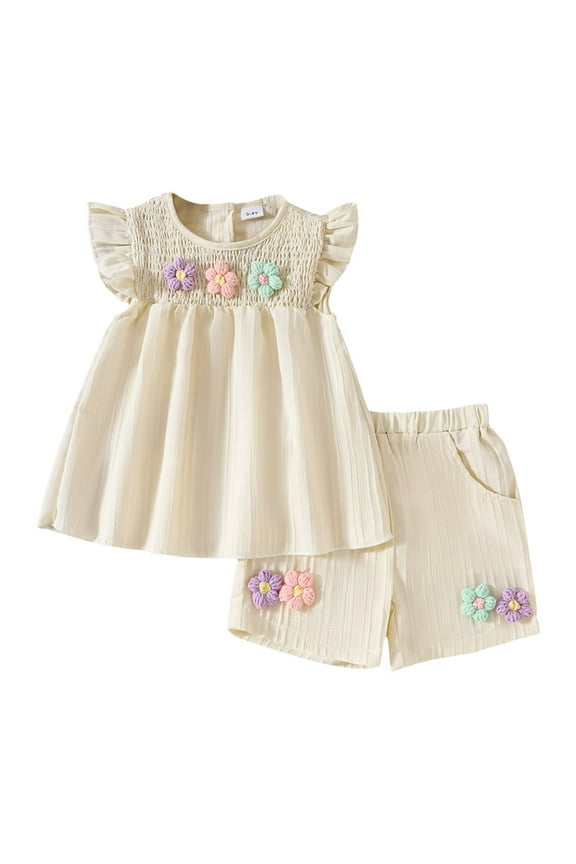 Toddler Baby Girl Outfit Solid Color Tops and Shorts Set Infant Summer Clothes 6 12 18 24 Months 2t 3t 4t Playwear Beach Outfits 18-24 Months,Beige