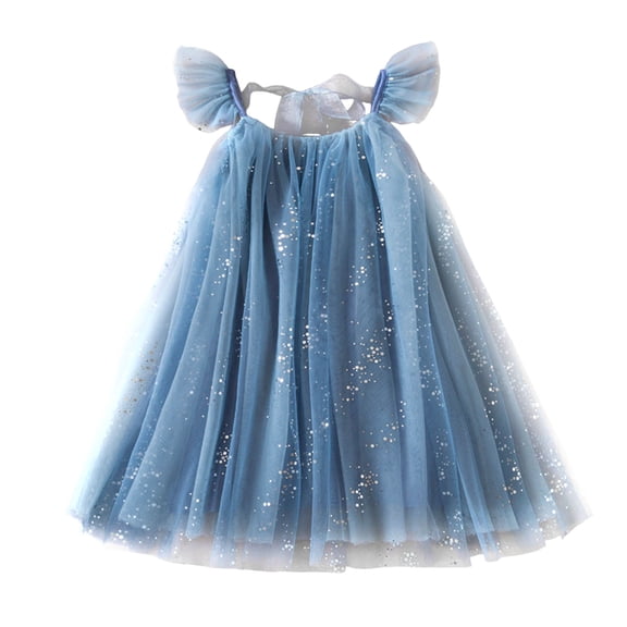 XZNPDUCQ Toddler Baby Girl Plaid Heart Embroidery Short Puff Sleeve Smocked Dress Summer Beach Princess Dress (5-6 Years,Blue)