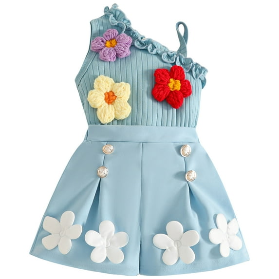XZNPDUCQ Toddler Baby Girl Smocked Outfit Ruffle Halter Shirt Flared Pants Set Toddler Bell Bottom Outfit Summer Clothes Playwear Beach Outfits 2-3 Years,Blue