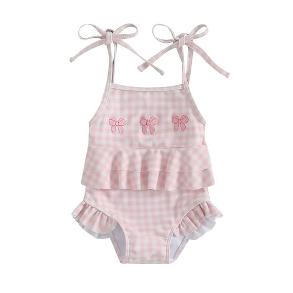 XZNPDUCQ Toddler Baby Girl Swimsuit Bow Embroidery Checkered Print Ruffle Bikini Sleeveless Bathing Suit Swimwear Swimming Suit For Girls 18-24 Months Pink