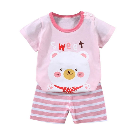 XZNPDUCQ Toddler Boy Clothes Baby Summer Outfit Short Sleeve T-Shirt Tops Casual Elastic Shorts 2Pcs Set Cartoon Print 2PCS Set 18 24 Months 2T 3T Summer Outfits (12-18 Months,Light Pink)