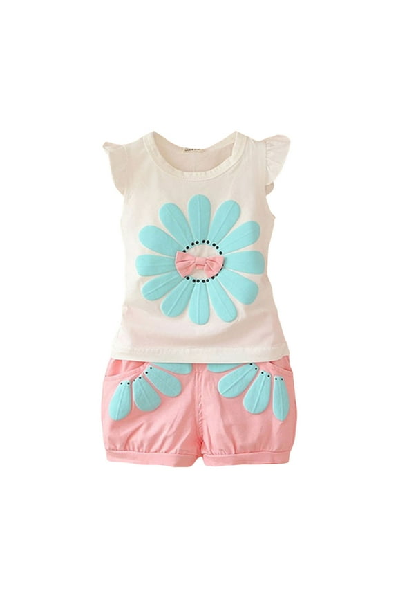 Toddler Girl Clothes, 2Pcs Baby Girl Summer Outfits Ruffle Sleeveless Shirts Floral Tops + Shorts Clothing Set 1-5T T-Shirt Set 3-4 Years Pink