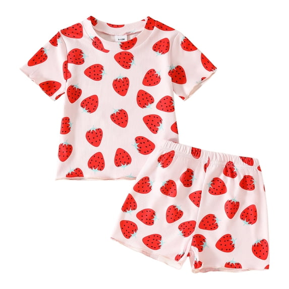 XZNPDUCQ Toddler Girls Clothes Embroidered Print T-Shirt and Striped Shorts 2 Piece Outfit Set Casual Elastic Shorts 2Pcs Summer 2Pcs T Shorts Set Dailywear Pink,12-18 Months