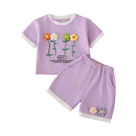 XZNPDUCQ Toddler Girls Short Sleeve Polo T Shirts Top and Elastic Shorts Cartoon Print Set 2Pcs Summer Set kids Casual Elastic Shorts 2Pcs Dailywear Purple，12-18 Months