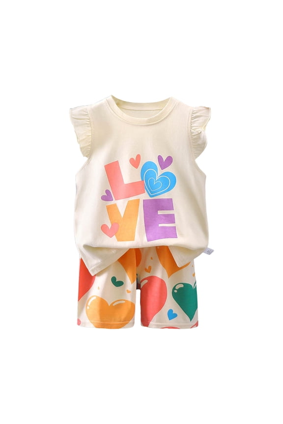 Toddler Girls Summer Outfits Set, 2Pcs Cute Flower Short Sleeve T-Shirt and Pants (1-8Y Gift Set) Summer 2Pcs Gift Outfits Set Summer Short Set Outfit 4-5 Years,Beige