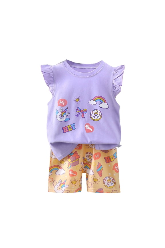 Toddler Girls Summer Outfits Set, 2Pcs Cute Flower Short Sleeve T-Shirt and Pants (1-8Y Gift Set) Summer 2Pcs Gift Outfits Set Summer Short Set Outfit 9-18 Months,Purple