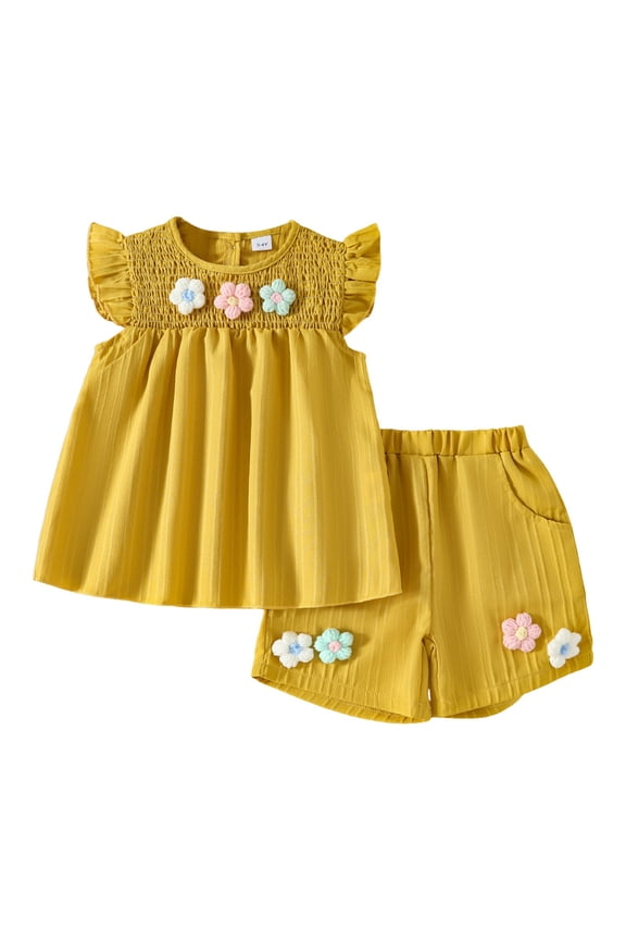 Toddler Girls Summer Outfits Set, 2Pcs Cute Flower Short Sleeve T-Shirt and Shorts (1-8Y Gift Set) Summer 2Pcs Gift Outfits Set T-Shirt Set 9-12 Months Yellow