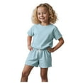 thumbnail image 1 of XZNPDUCQ Toddler Infant Baby Girls Summer Outfits Print Short Sleeve Pocket T-Shirt Tops Shorts Clothes Sets Pajamas Set 6-7 Years Blue, 1 of 4