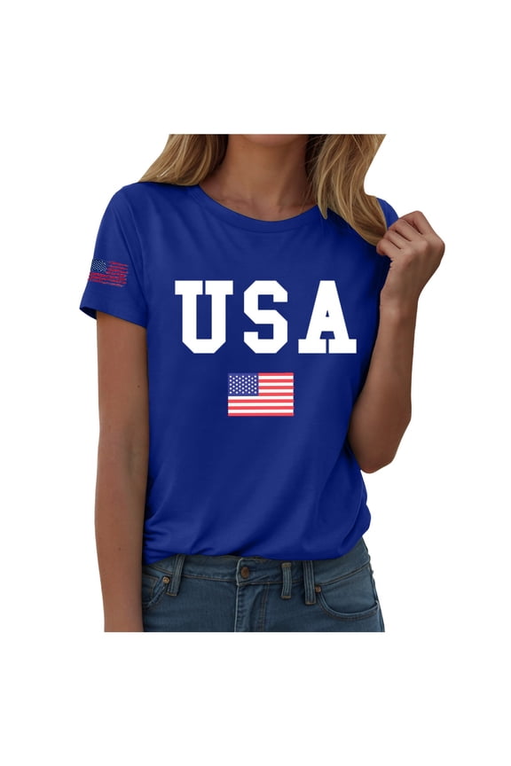 USA 250th Anniversary ShirWomen Fashion USA Flag Letter Pattern Shirt Summer Casual Short Sleeve T Shirt Top USA Flag 4th of July T-Shirt (XXXL,A68-Blue)