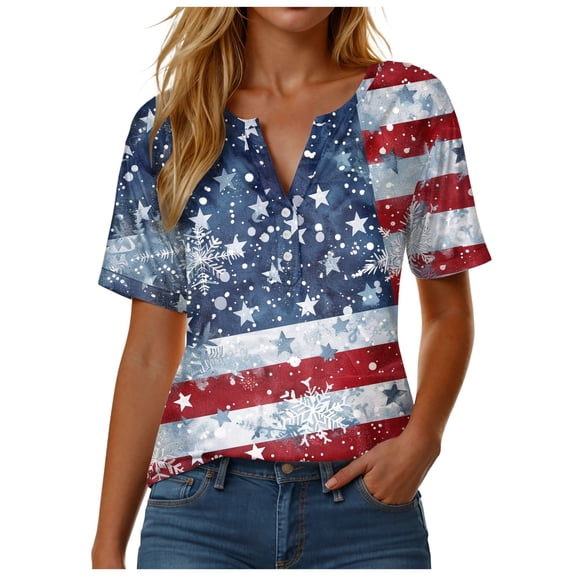 XZNPDUCQ USA 250th Anniversary Shirt Women Independence Day Stylish Casual Loose Three Button V Neck Short Sleeved T Shirt Top 4th of July Gift (XL,A88-Dark Blue)