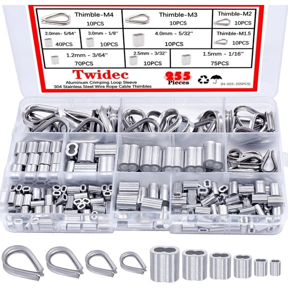 XZQFDC/240PCS 304 Stainless Steel Wire Rope Cable Thimbles and Aluminum Crimping Loop Sleeve 3/64''-5/32" for Wire Rope Cable Thimbles Rigging Assortment Kit
