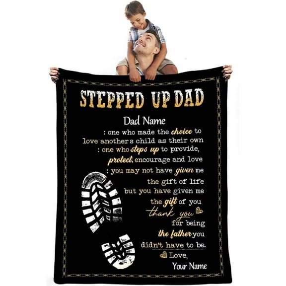 XZYG Personalized Stepped Up Dad Blanket Happy Father's Day Blanket Meaninqful Family Quote Custom Name Stepdad Birthday Super Soft Flannel Warm Throw Blanket for Couch Bed(30*40inch)