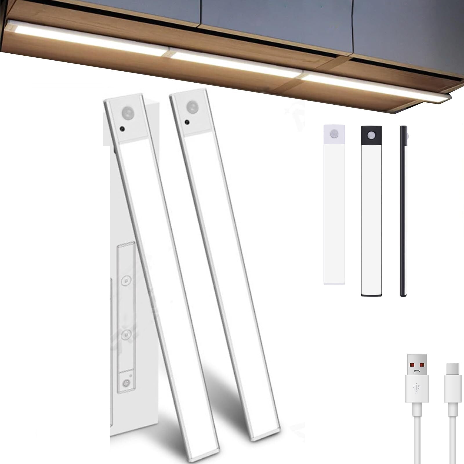XZZ Under Cabinet Lighting, 2025 New Sensor Lights Indoor, Rechargeable Under Cabinet Lighting, Cordless, 3 Color Temperatures & Dimmable (White*2set, 16in)
