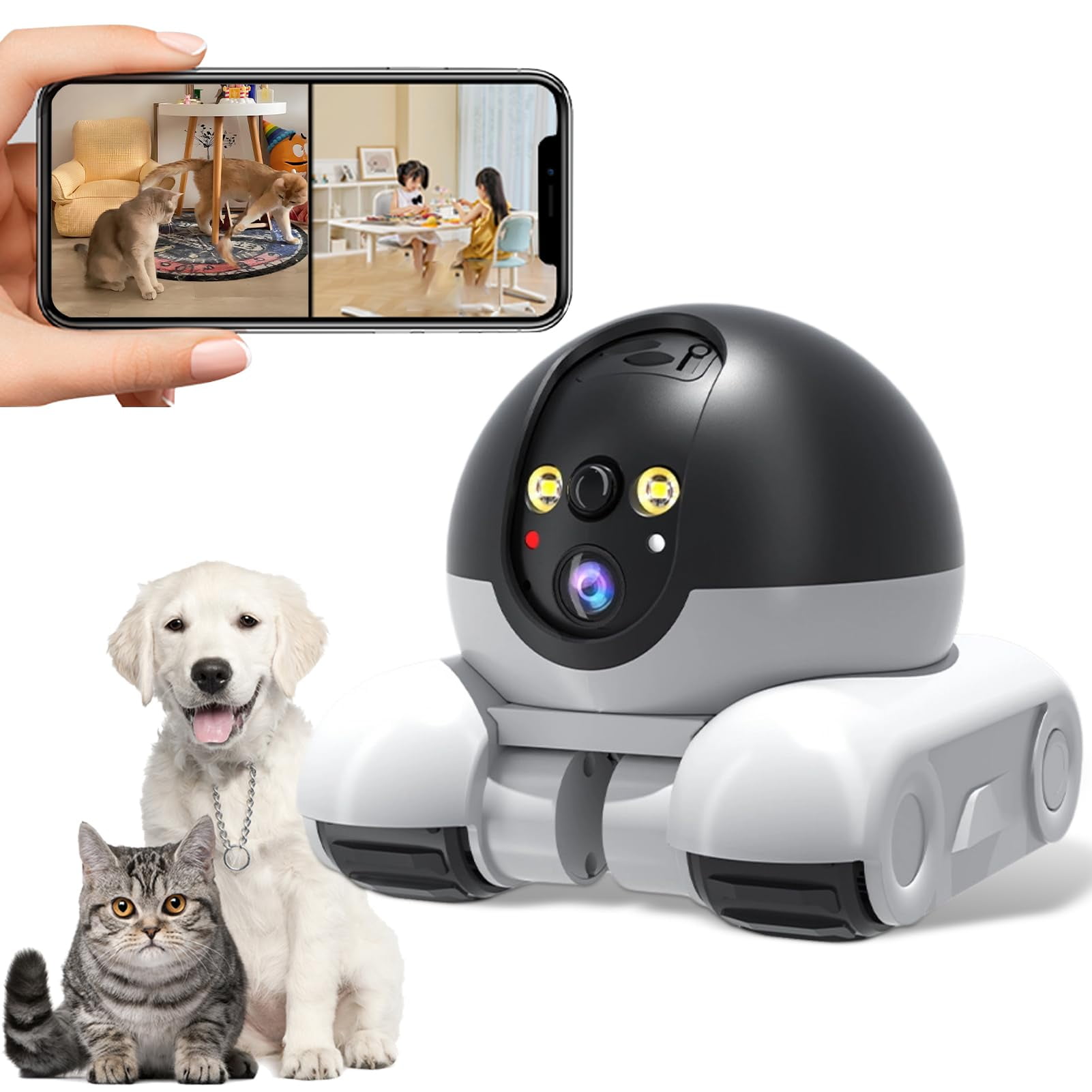 XZZ Robot Camera On Wheels,2MP Double Lens Moving Pet Camera,2 Way Talk 1080P WiFi Small Robot Cam for Cats Dogs