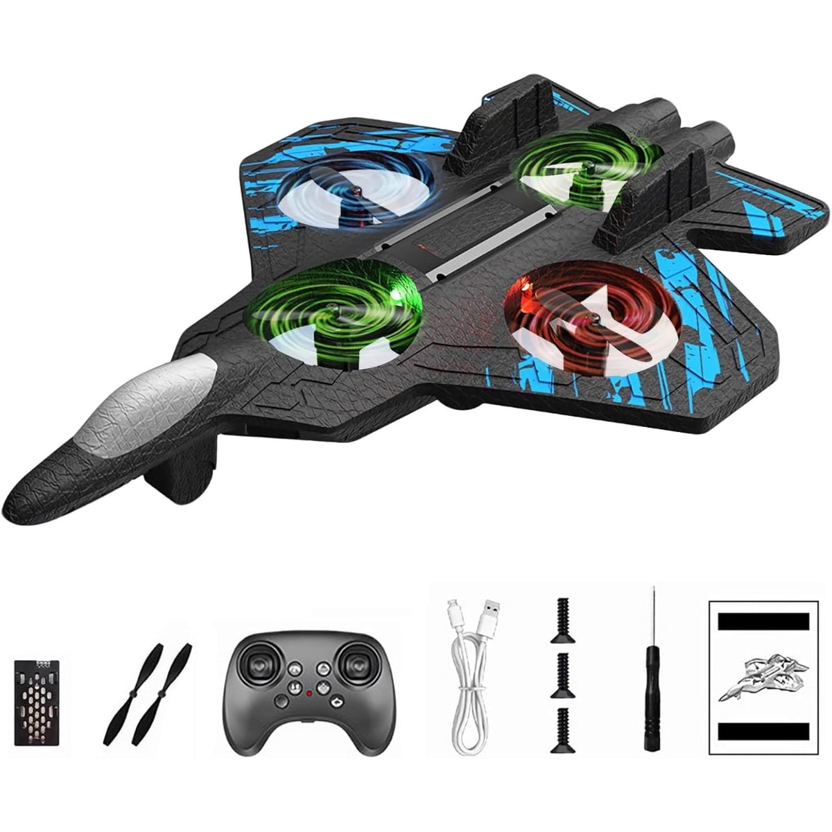 XZtimes 2.4GHz RC Fighter Jet Foam Airplane 360 °   Stunt Flights LED Lights Indoor Outdoor Blue