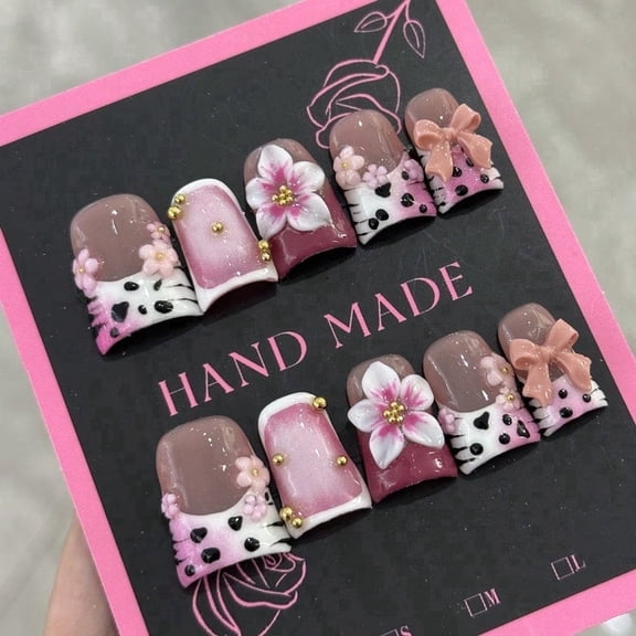 XZtimes Luxury Press on Nails Short Duck Handmade 3D Unique Reusable ABS Material Fake Nails Pink French Tip False Nails with Designs Bow Flower Cow Print Glossy Glue on Nail Thick Acrylic Nail(M)
