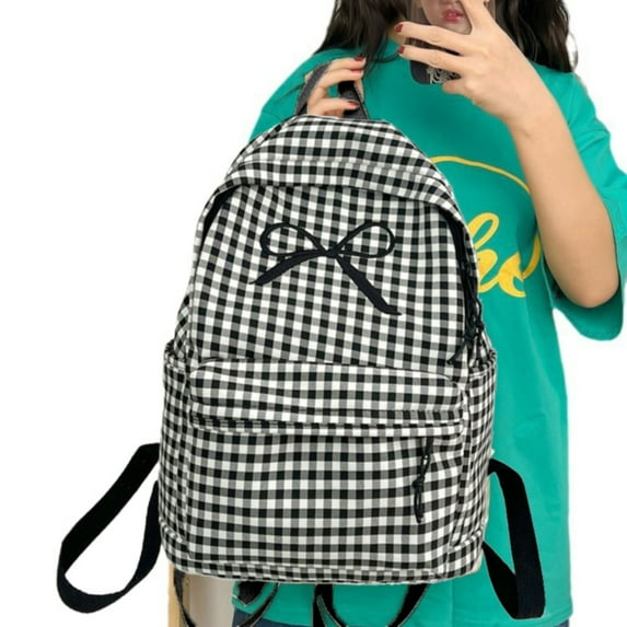 XaTanion Backpack Aesthetic Cute Bowknot Book Bag Large Capacity Checkered Backpack For Women Plaid Bow Backpack,Black,11.02*5.9*15.35 Inch