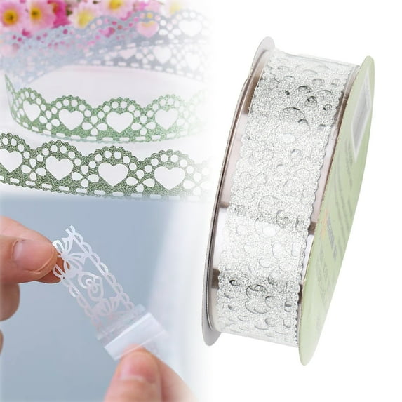XaTanion Lace Tape Roll Of Glitter Tape Lace Flower Pattern Self Adhesive Sticker Colorful Decorative Masking For Scrapbooking Card Making Crafts Frames Planner,Silver,2.32 Inch