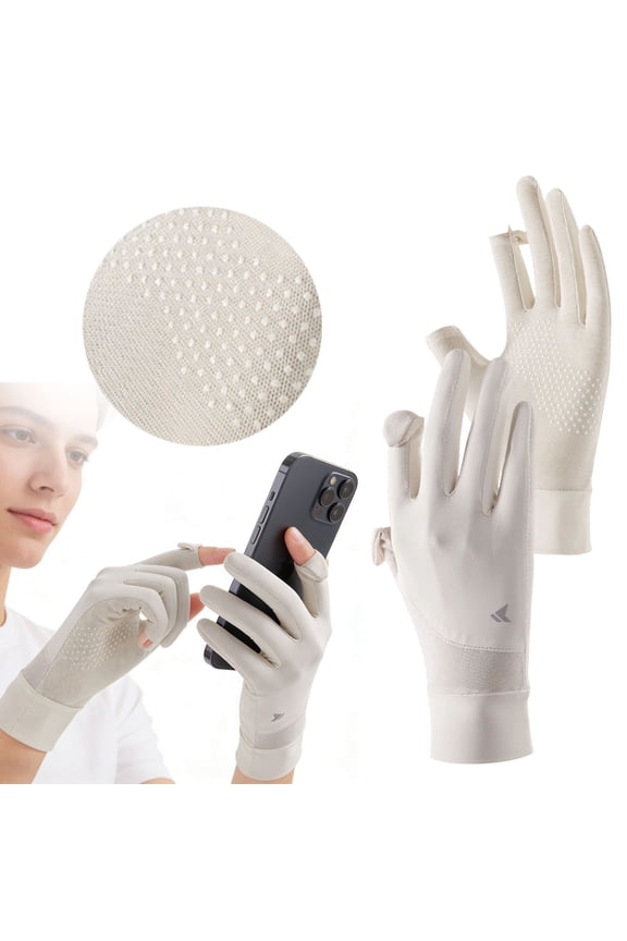 Sun Gloves for Women, 8.8x3.3in Full Finger Ice Cooling Touchscreen Gloves, UPF 50+ UV Protection Summer Outdoor Sports Gloves (Beige)