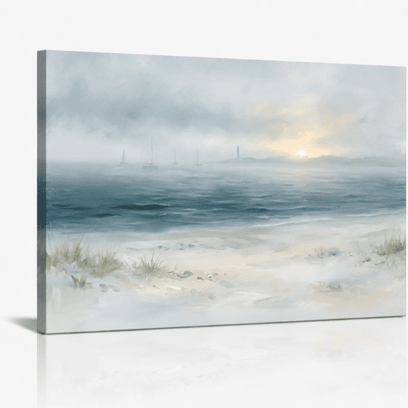 XaaKee Art Prints Morning Fog Impressionist Seascape Serene Beach Scene Canvas Wall Art Coastal Landscape Wall Print Inner Framed 1812Inch