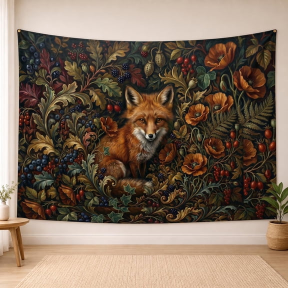 XaaKee Bedroom Tapestry, Ornate Forest Fox Canopy Dark Background, High-Quality Polyester Large Tapestry, 60x40Inch