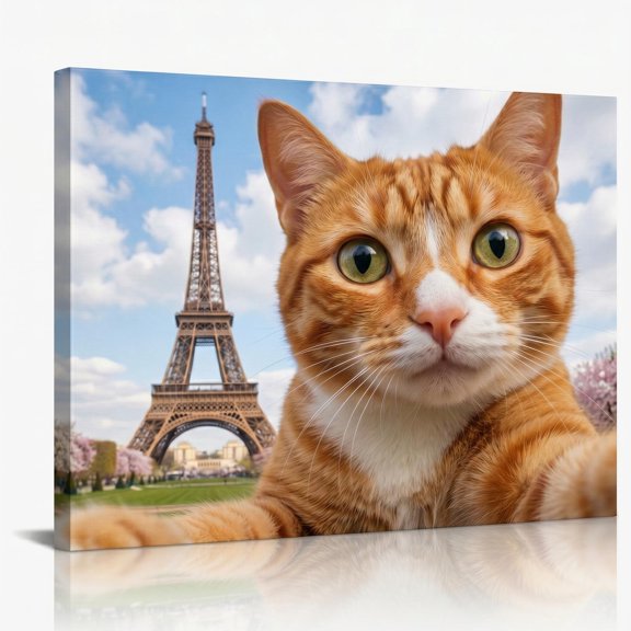 XaaKee Canvas Art Prints Orange Tabby Photorealistic Mural Parisian Scenery Wall Print Inner Framed 1812Inch