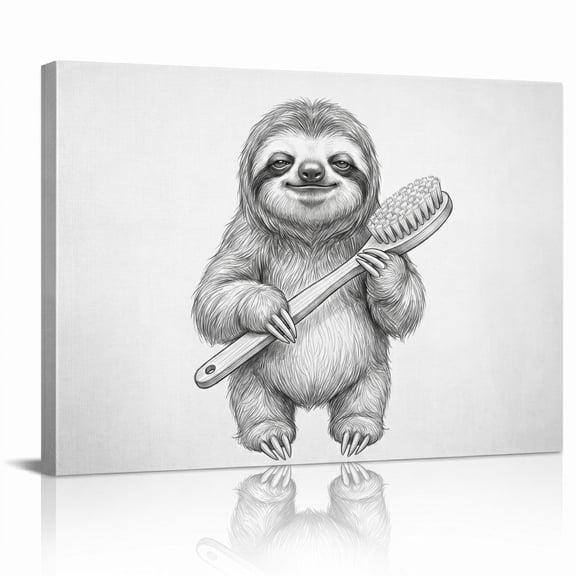 XaaKee Canvas Art Prints Sloth Bathroom Animal Cute Wildlife Black And White Illustration Inner Framed 18*12Inch
