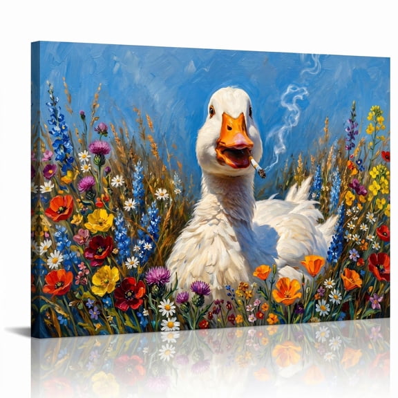 XaaKee Canvas Art Prints Smoking Duck Portrait Vibrant Flora Textured Floral Landscape Wall Art Inner Framed 1812Inch