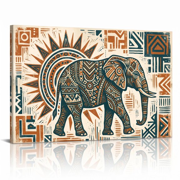 XaaKee Canvas Art Prints Tribal Elephant Geometric Sun Background Painting Modern Canvas Prints Wall Art Inner Framed 18*12Inch
