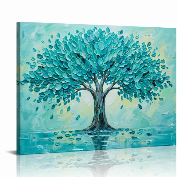 XaaKee Canvas Art Prints Turquoise Leaves Abstract Botanical Vibrant Landscape Oil Painting Style Wall Print Inner Framed 18x12Inch