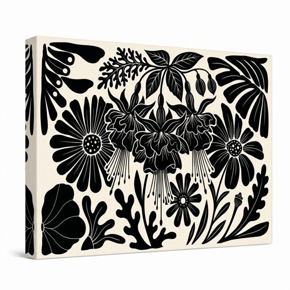 XaaKee Canvas Art Prints Vibrant Fuchsia Flowers Flat Vector Design Mid-Century Modern Floral Pattern Wall Print Inner Framed 18*12Inch