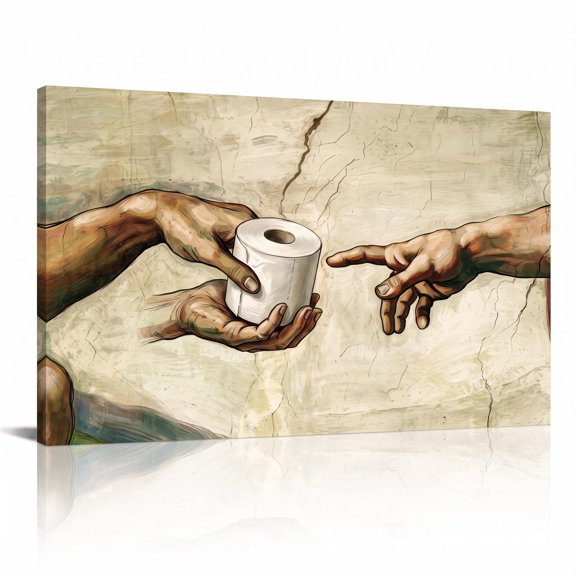 XaaKee Canvas Wall Art Prints Earthy Green Two Human Hands Toilet Paper Roll Classic Parody 0048 Inner Framed 18*12Inch