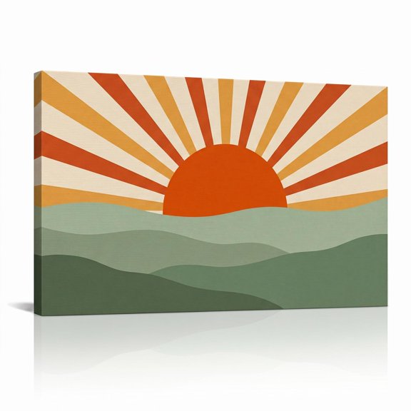 XaaKee Canvas Wall Art Prints Earthy Valley Vector Waves Retro Sunburst Inner Framed 18*12Inch