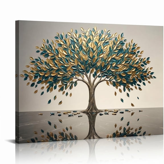XaaKee Canvas Wall Art Prints Gold And Teal Abstract Botanical Textured Tree Art Painting Inner Framed 18*12Inch