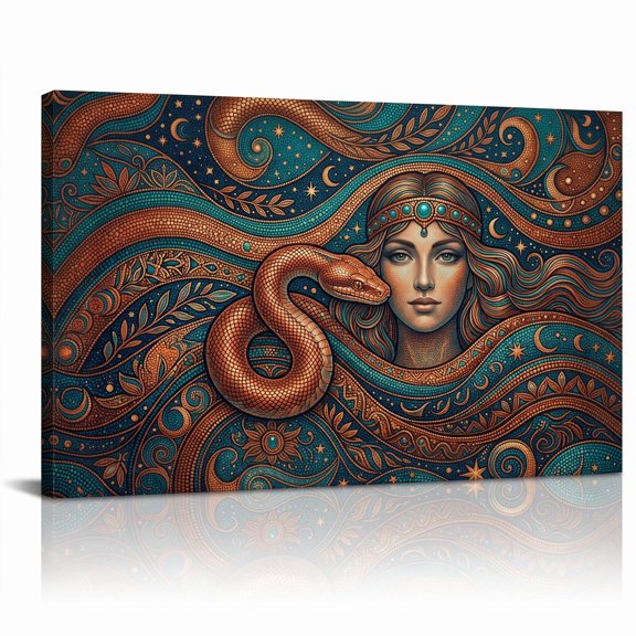 XaaKee Canvas Wall Art Prints Pointillism Turquoise Copper Reptile Mystical Woman Inner Framed 18*12Inch