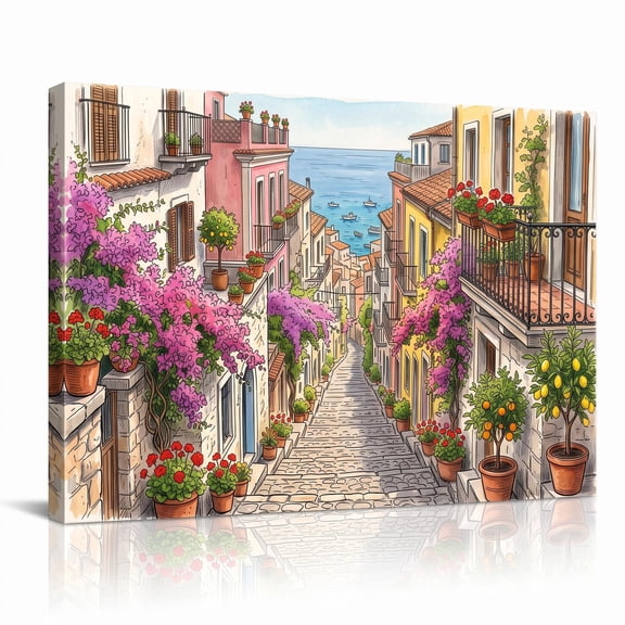XaaKee Canvas Wall Art Prints Sicilian Coast View Scenic Painting Illustrated Wall Art Inner Framed 18*12Inch