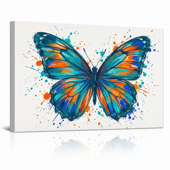 XaaKee Canvas Wall Art Prints Vibrant Flutter 0001 Teal Splatters Orange Splash Modern Butterfly Abstract Painting Inner Framed 18*12Inch