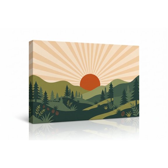 XaaKee Canvas Wall Art Prints Warm Meridian Retro Landscape Sunburst Lines Layered Hills Art Prints Inner Framed 18*12Inch