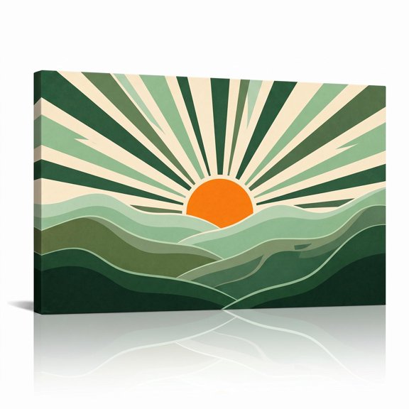 XaaKee Canvas Wall Art Retro Landscape Art Prints Vector Waves Sunrise Canvas Prints Wall Art Inner Framed 18*12Inch