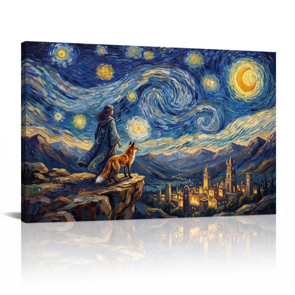 XaaKee Celestial Fox Watch 0052 Mystic Observer Galaxy Sky Mountain Range Art Prints Canvas Wall Art Inner Framed 18*12Inch